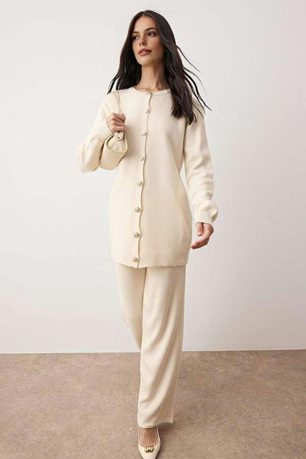 WOVCOR 2-Piece Stone Buttoned Knit Top and Bottom Set