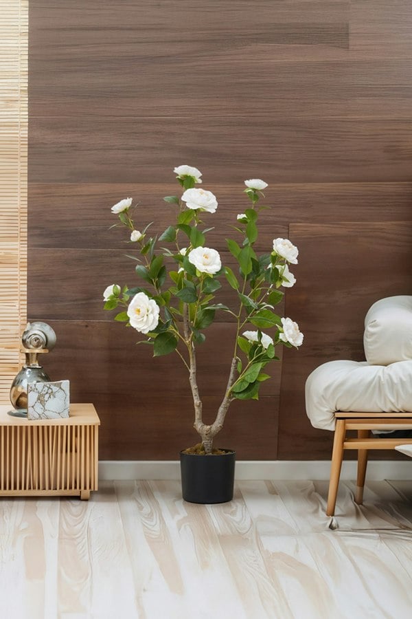 Living and Home 90cm Artificial White Camellia Tree Potted for Garden, Office & Home Decor