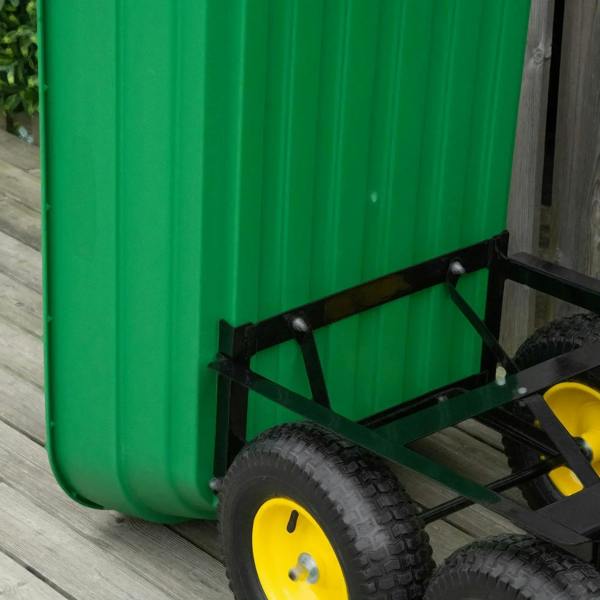 Green tub garden cart corner with black frame and yellow wheel