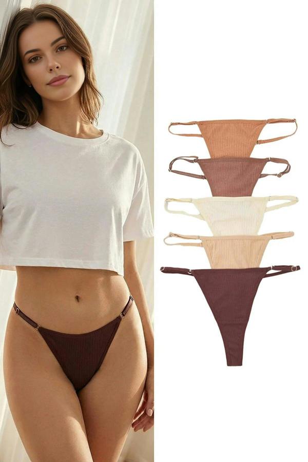 WOVCOR 5-Pack Adjustable Waist Ribbed Knit Thong Panties