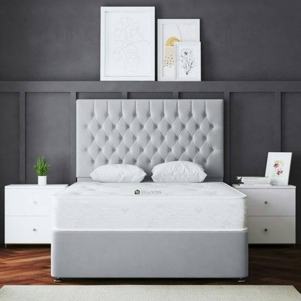 DS Living Seraphine Divan Bed with Upholstered Headboard - Two Drawers - Silver - King