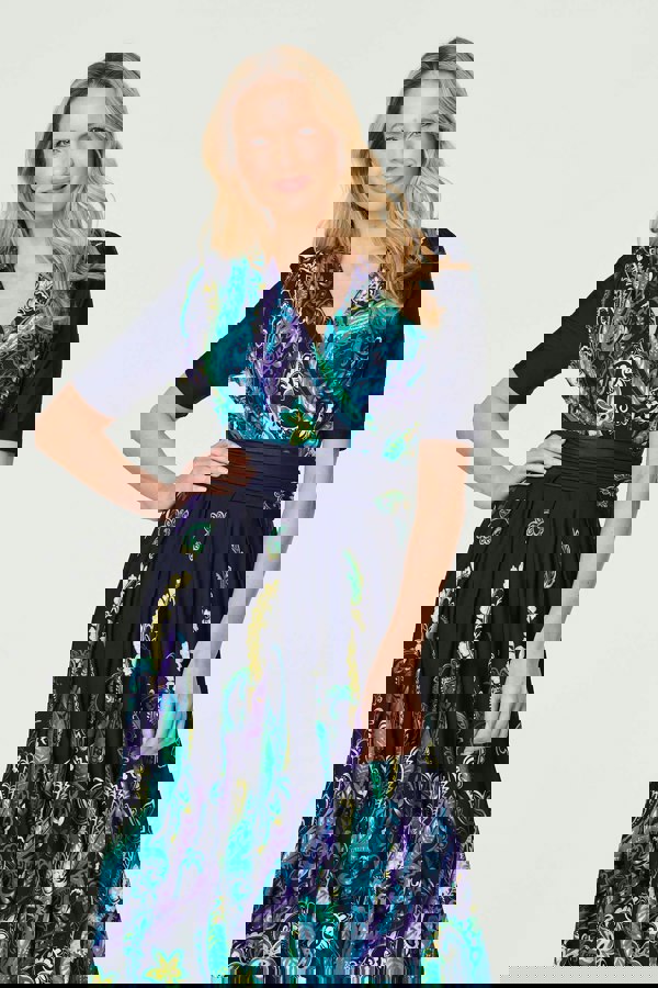 Teal | Printed Ruched Waist Midi Dress