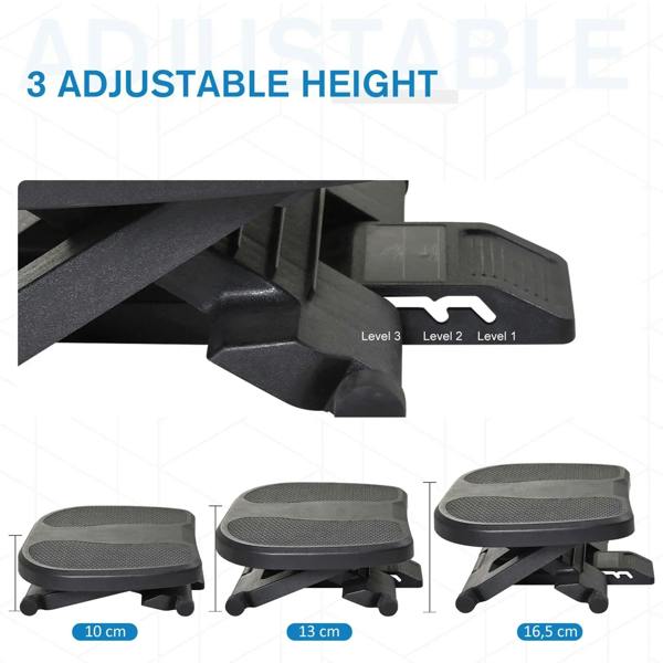 Black under-desk footrest with three-height adjustment lever and textured top.