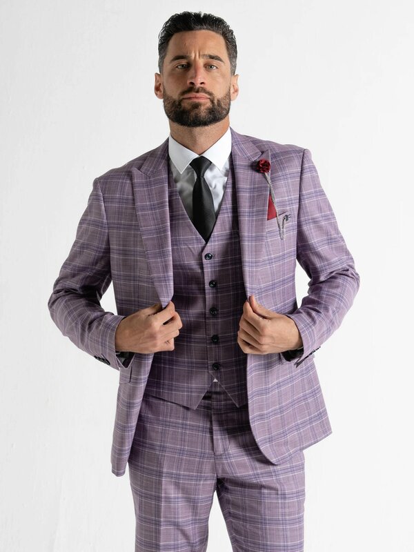 V2 Classic Kensignton Three Piece Suit - Lilac with White and Navy Blue Checks