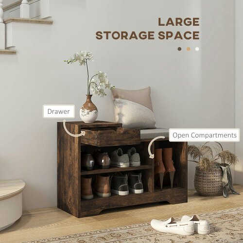 Wyld Haus Nata Wooden Rustic Brown Multi Compartment Shoe Bench With Grey Cushioned Seat