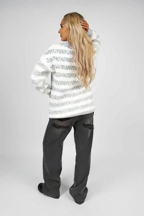 Mirla Striped Button Front Knitted Cardigan - Blue