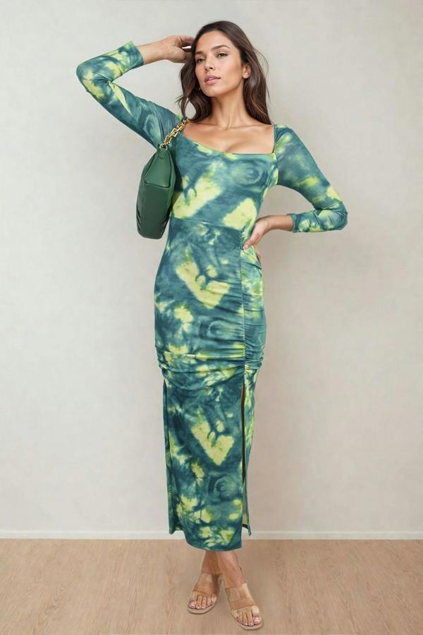Priscilla Printed Long Sleeve Cross-tied Back Midi Dress - Green