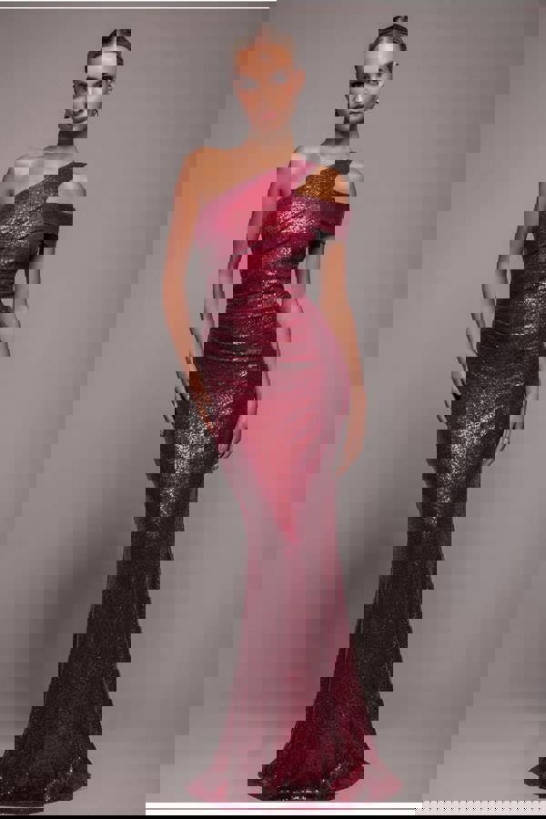 One Shoulder Sequin Evening Maxi - Wine DR4069