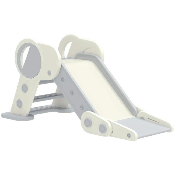 Foldable kids slide with grey side rails and beige slide ramp, circular handle openings