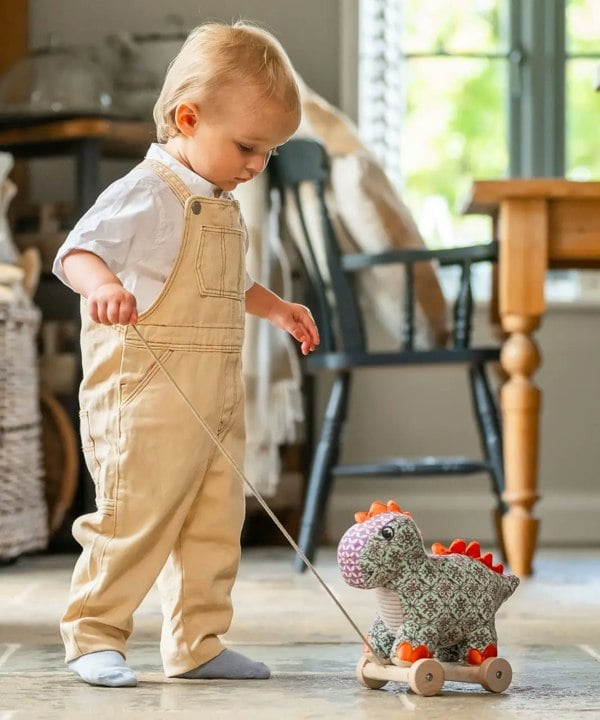 Child pulling dinosaur pull toy