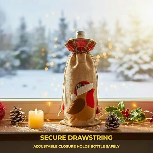 15 x 35 cm Christmas Wine Bottle Cover Bag with Drawstring, Festive Robin Printed Design image 8
