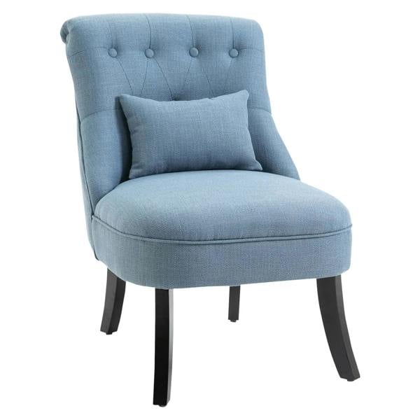 Blue fabric upholstered armchair with tufted back, square pillow, and dark wooden legs.