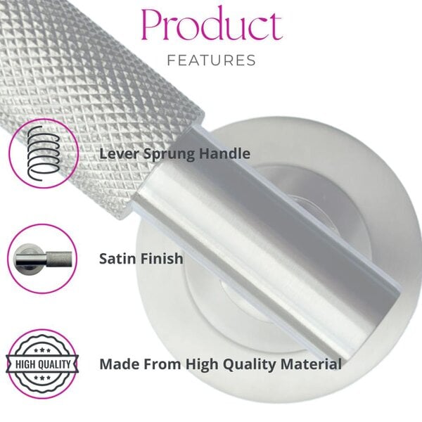 EDH Door Hardware Satin Nickel Knurled Door Handles on Round Rose – Modern Internal Lever Handle