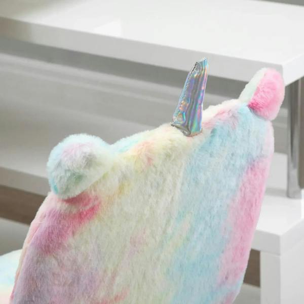 Close-up of fluffy rainbow unicorn chair back with horn and ear tips