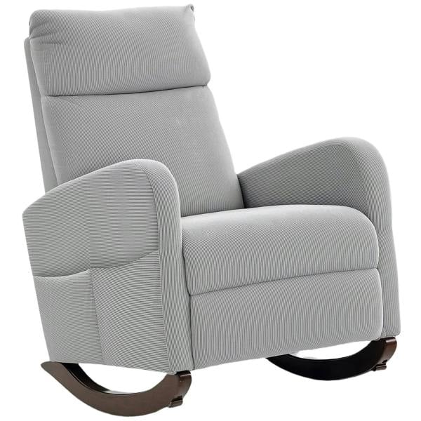 Grey corduroy rocking armchair with padded armrests and curved rocking base