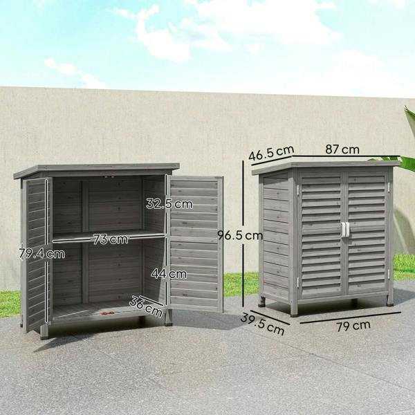 Grey double-door wooden shed with side view, interior space and compartment doors