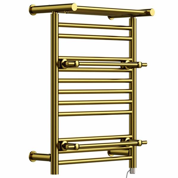 MYHOMEWARE 490mm Wide Electric Shiny Gold Heated Towel Rail Radiator Top Shelf & Two Towel Holder OSLO For Bathroom - Standard Element