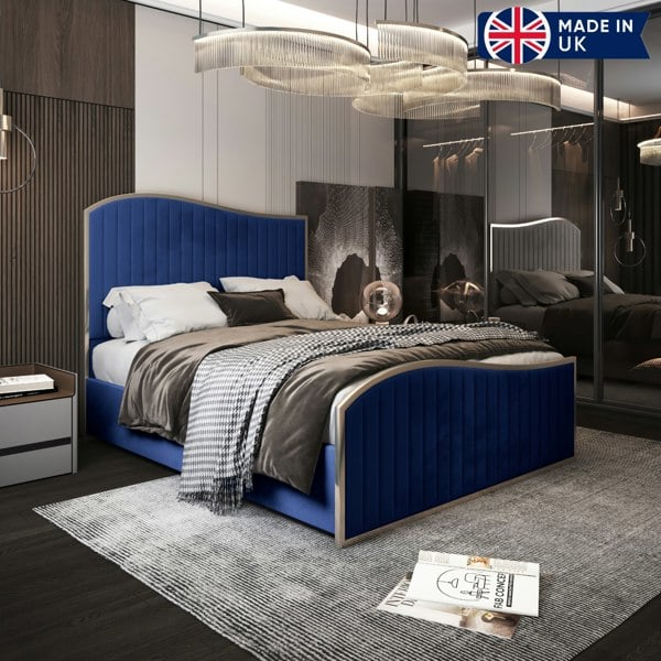 Casa Magna Brixton Upholstered Soft Velvet Metal Bed Frame - Blue