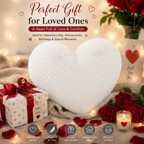 Night Zone Teddy Cuddles Heart Shape Cushion – Soft Teddy Fleece Filled Decorative Cushion - White