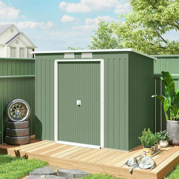 Green galvanised steel garden shed with double doors and roof ventilation units