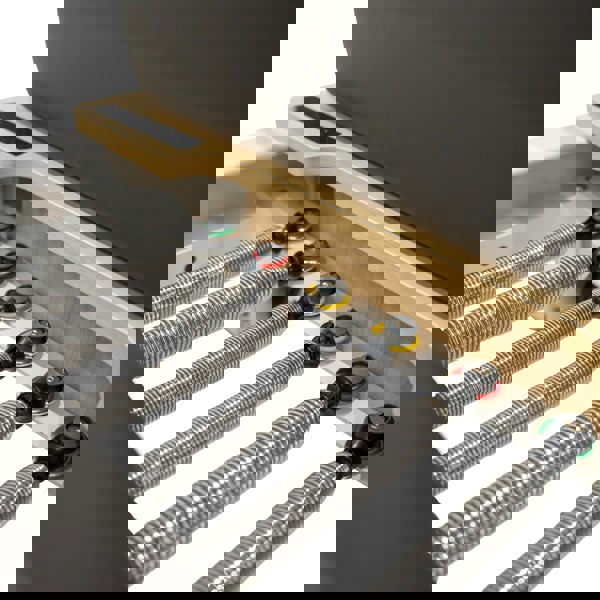 Aluminium Pilates reformer machine featuring a sleek design, wooden platform, and adjustable resistance springs in vibrant colors