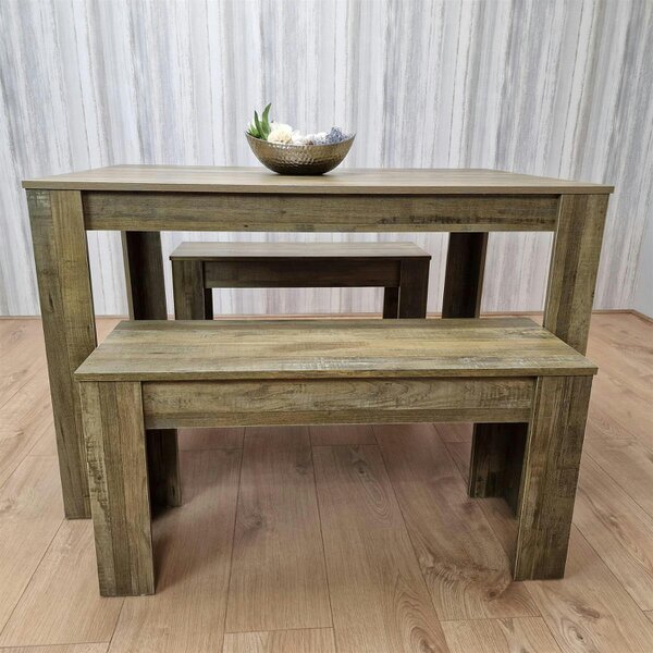 Kosy Koala Rustic Effect Wood Dining Table Set with 2 Rustic Benches ? Dining Room Furniture