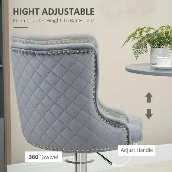 Grey velvet bar stool backrest with diamond tufting and nailhead trim, swivel base