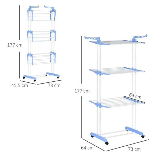 Foldable 4-tier drying rack dimensions diagram with blue base and casters.