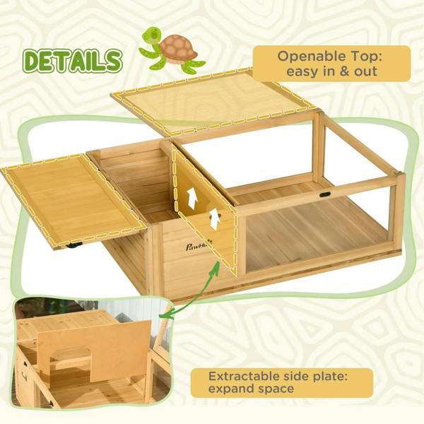 Reptile enclosure with openable top and extractable side plate for easy access.
