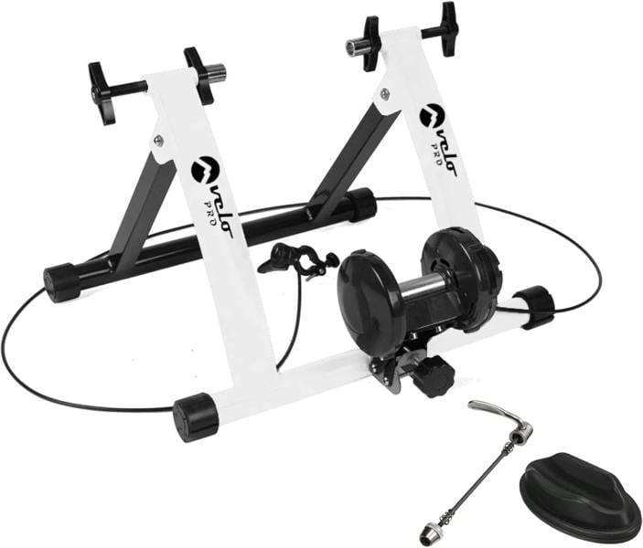 Velo Pro White Magnetic Turbo Trainer with sturdy black and white frame, adjustable resistance, and included quick-release skewer for bikes