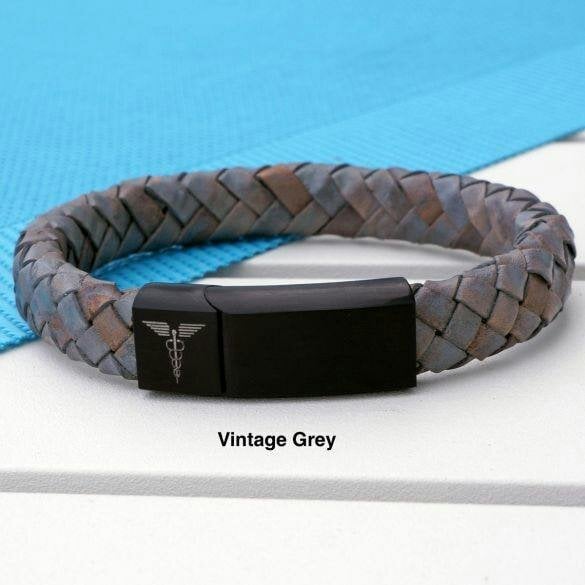 Christopher James of London Unisex Leather and Stainless Steel Medic Bracelet with Free Engraving - Vintage Grey