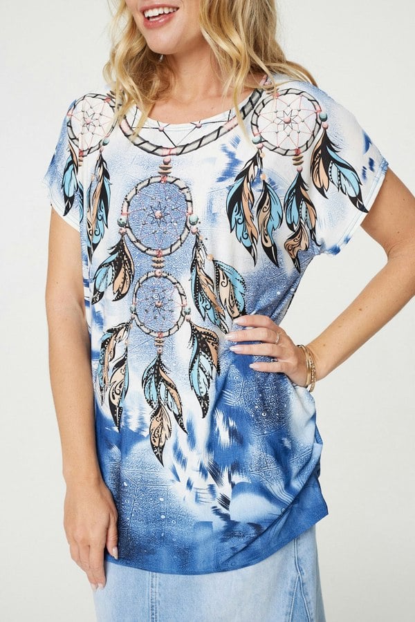 Navy | Embellished Feather Print Tunic Top