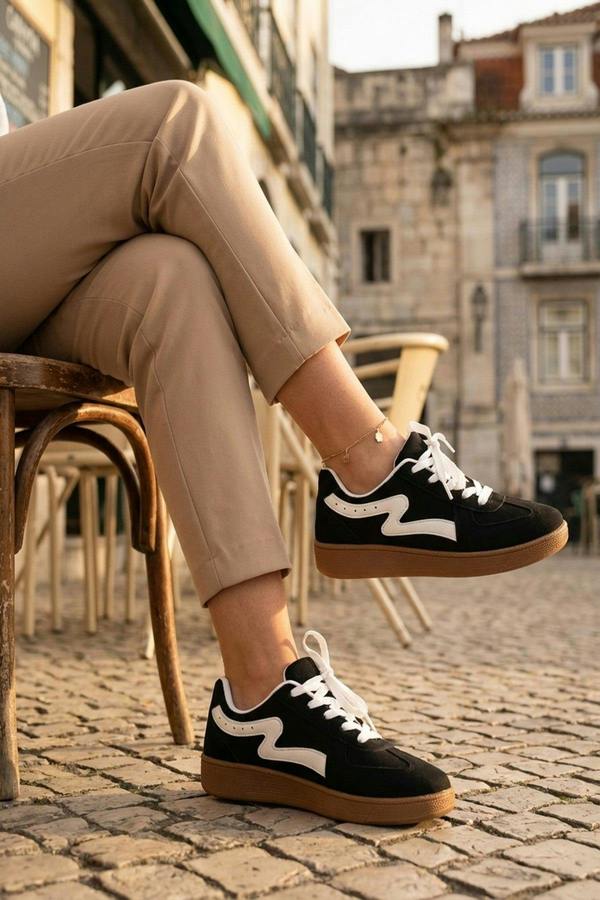 Poppy Womens Retro Stripe Gum Sole Trainers - Black