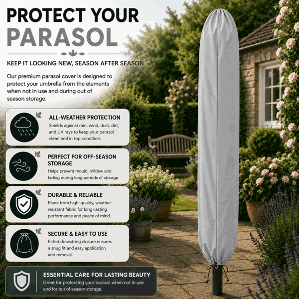 GlamHaus Tilting Garden Parasol Table Umbrella 2.7M with Crank Handle, UV40 Protection, Free Protection Cover - Light Grey