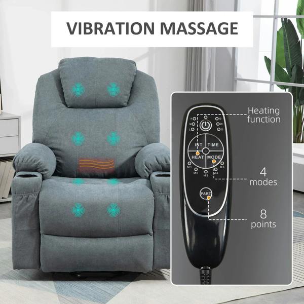 Charcoal grey massage armchair with heating function and built-in remote control panel.