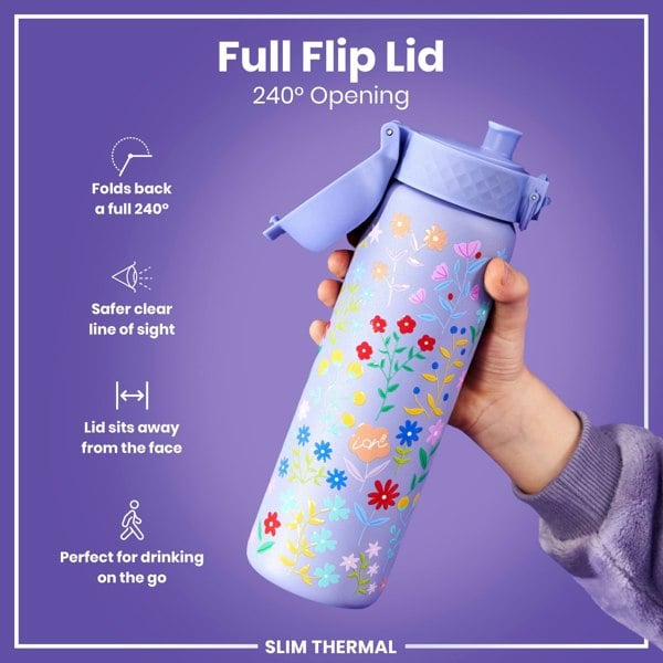 A floral-patterned, purple water bottle with a 240° opening flip lid is held; the lid folds back completely, allowing for easy drinking on the go. The bottle is slim and thermal.