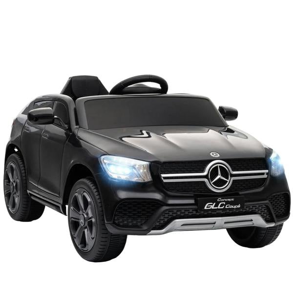 Black Mercedes-Benz GLC kids ride-on car with LED headlights and front grille