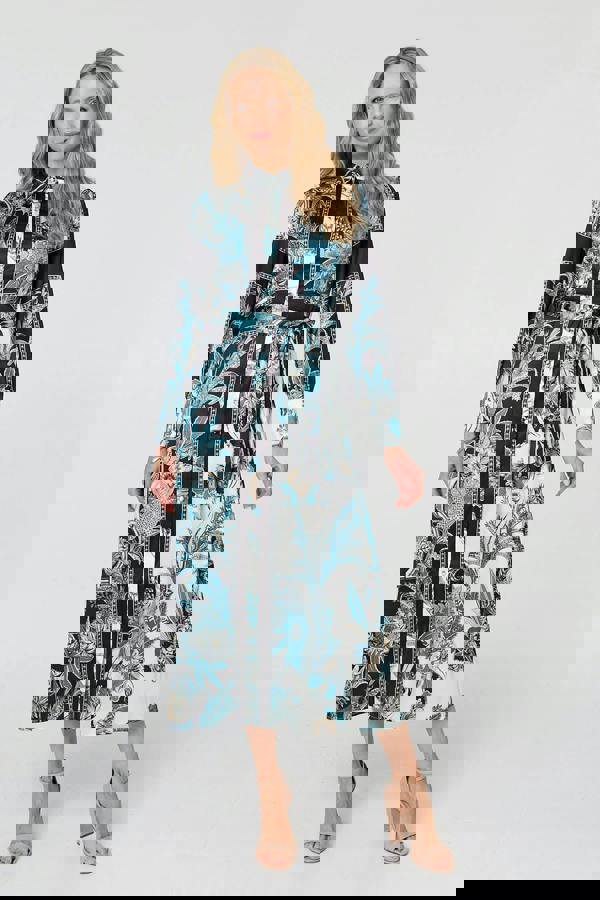 Black | Printed Long Sleeve Tie Shirt Maxi Dress