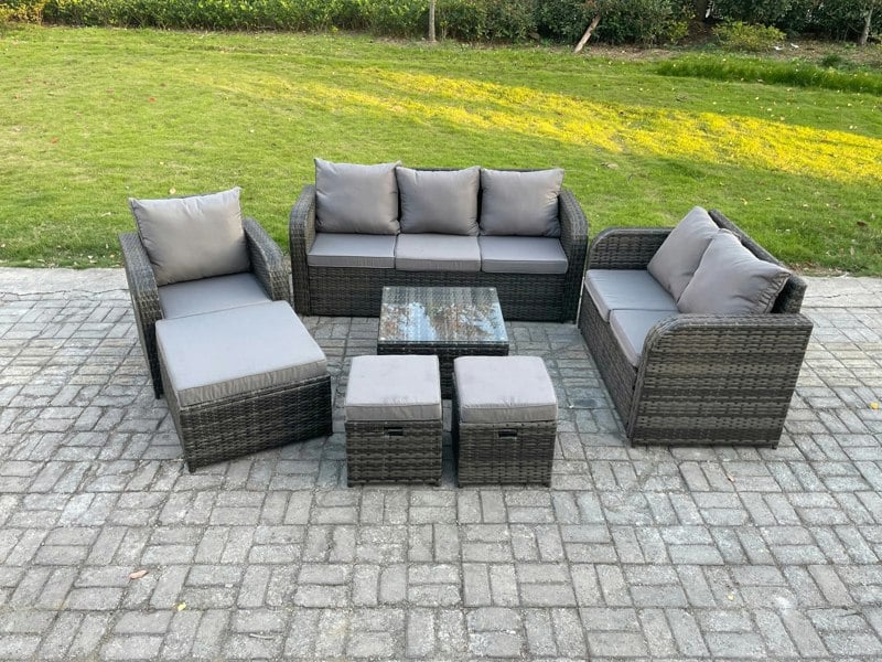 Fimous Rattan Garden Furniture 7 Piece Patio Set With Table Sofa Square Coffee Table Reclining Chair Love seat sofa Side 3 Seater Sofa 3 Footstools