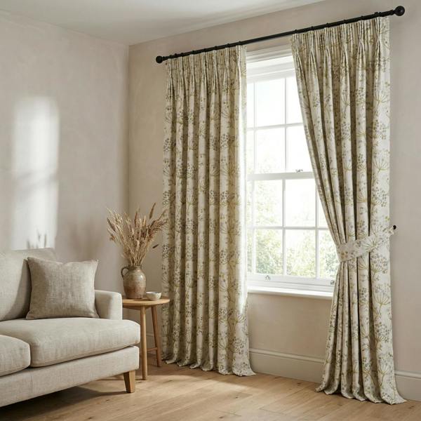 Rennes made-to-measure curtains in Green, styled in a living room