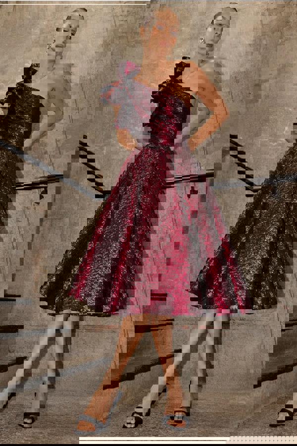 One Shoulder Frill Jacquard Skater Midi Dress - Burgundy Red DR4811