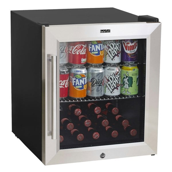 50L Worktop Wine Beer Drinks Fridge Cooler - STEEL & GLASS LED 64x 330ml Cans - LoopsDirect