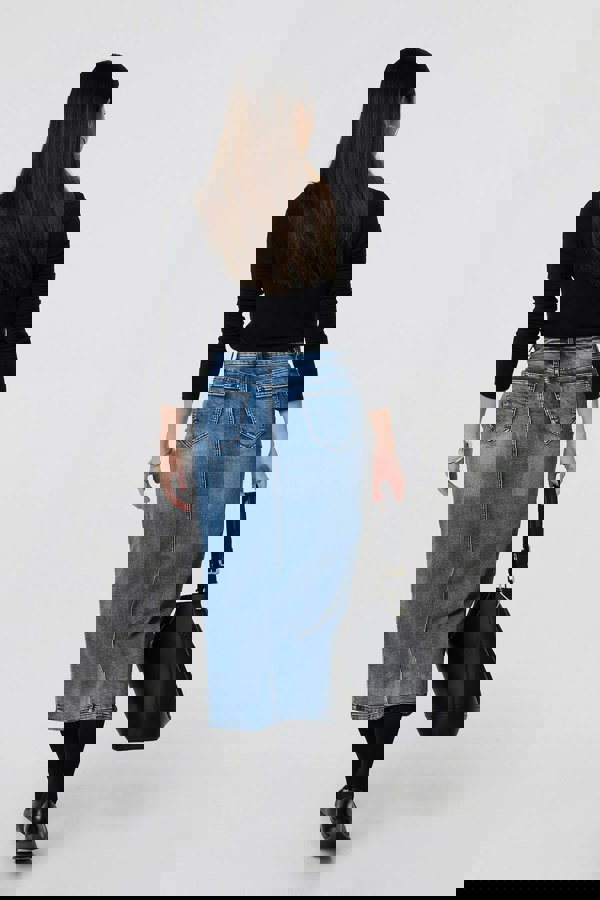 Blue | Washed Denim Split Hem Knee Length Skirt
