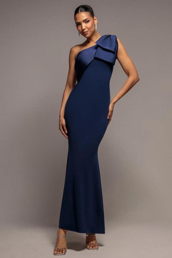 One Shoulder Satin Bow Scuba Crepe Maxi Dress - Navy DR4183