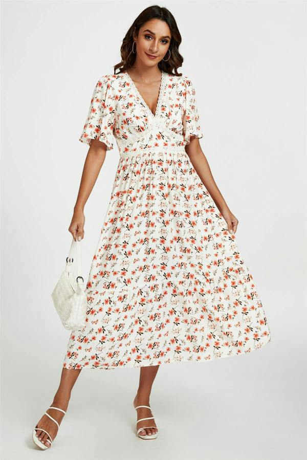 FS Collection Red Floral Print Lace Detail Angel Sleeve Midi Dress In Cream