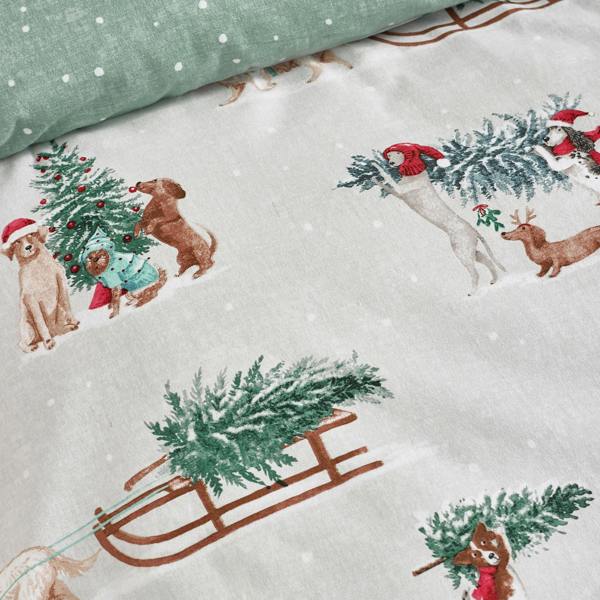 Catherine Lansfield Brushed Christmas Dogs Cotton Reversible Duvet Cover Set Green