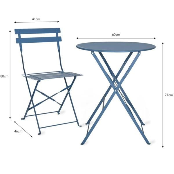 Technical dimensions diagram of the cornflower blue metal folding bistro table and chair set against a white background.