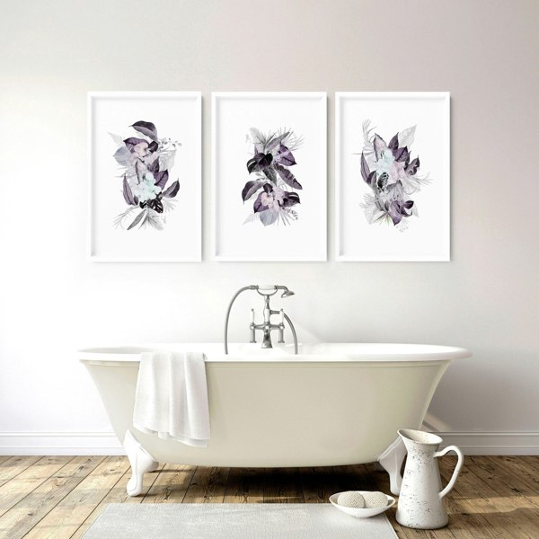 Wall decor for bathrooms | Set of 3 Tropical Purple wall art