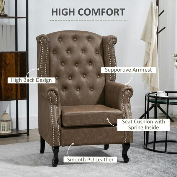 Brown wingback armchair with high tufted back, nailhead trim, and padded seat cushion