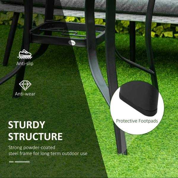 Black round patio dining table frame with curved supports and protective footpads
